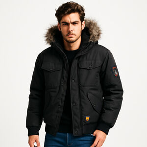 Oppenheimer Arctic Expedition Bomber Jacket XL Black Faux Fur Hood Winter Coat